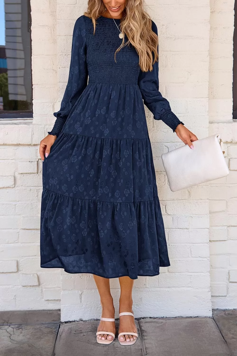 imagePRETTYGARDEN Womens Fall Midi Dress Long Sleeve Floral Smocked Elegant Wedding Guest Long Flowy DressesDark Blue