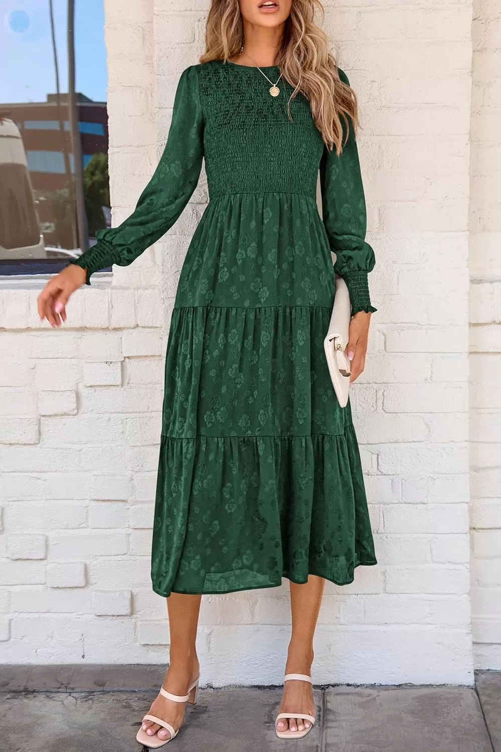 imagePRETTYGARDEN Womens Fall Midi Dress Long Sleeve Floral Smocked Elegant Wedding Guest Long Flowy DressesDark Green