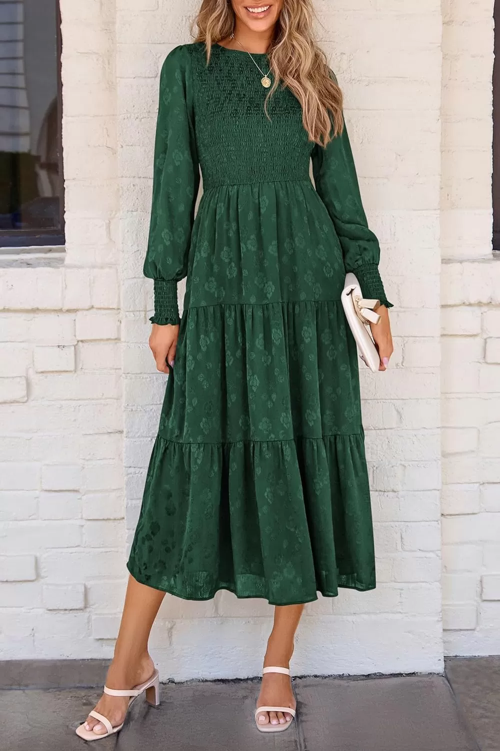 imagePRETTYGARDEN Womens Fall Midi Dress Long Sleeve Floral Smocked Elegant Wedding Guest Long Flowy DressesDark Green