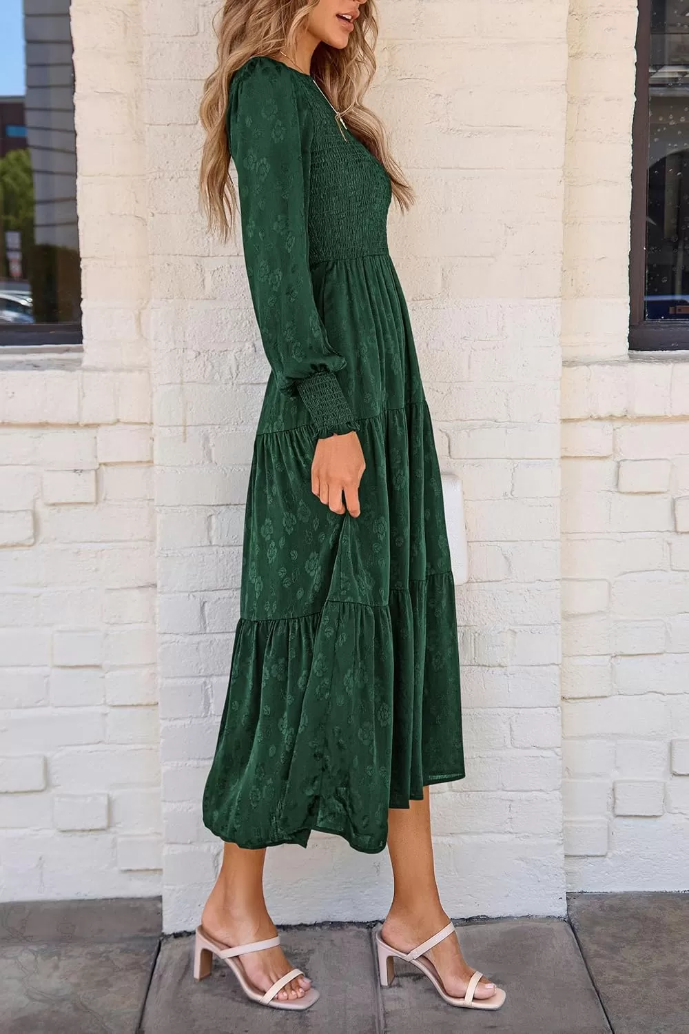 imagePRETTYGARDEN Womens Fall Midi Dress Long Sleeve Floral Smocked Elegant Wedding Guest Long Flowy DressesDark Green