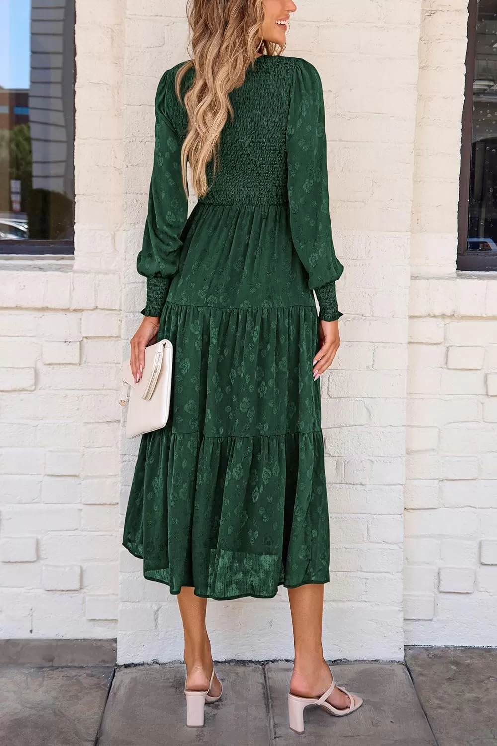 imagePRETTYGARDEN Womens Fall Midi Dress Long Sleeve Floral Smocked Elegant Wedding Guest Long Flowy DressesDark Green