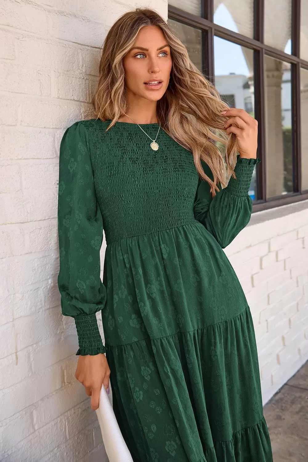 imagePRETTYGARDEN Womens Fall Midi Dress Long Sleeve Floral Smocked Elegant Wedding Guest Long Flowy DressesDark Green