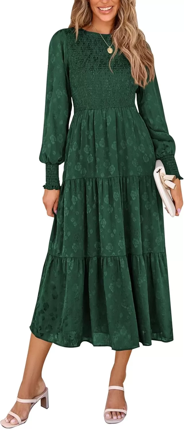 imagePRETTYGARDEN Womens Fall Midi Dress Long Sleeve Floral Smocked Elegant Wedding Guest Long Flowy DressesDark Green