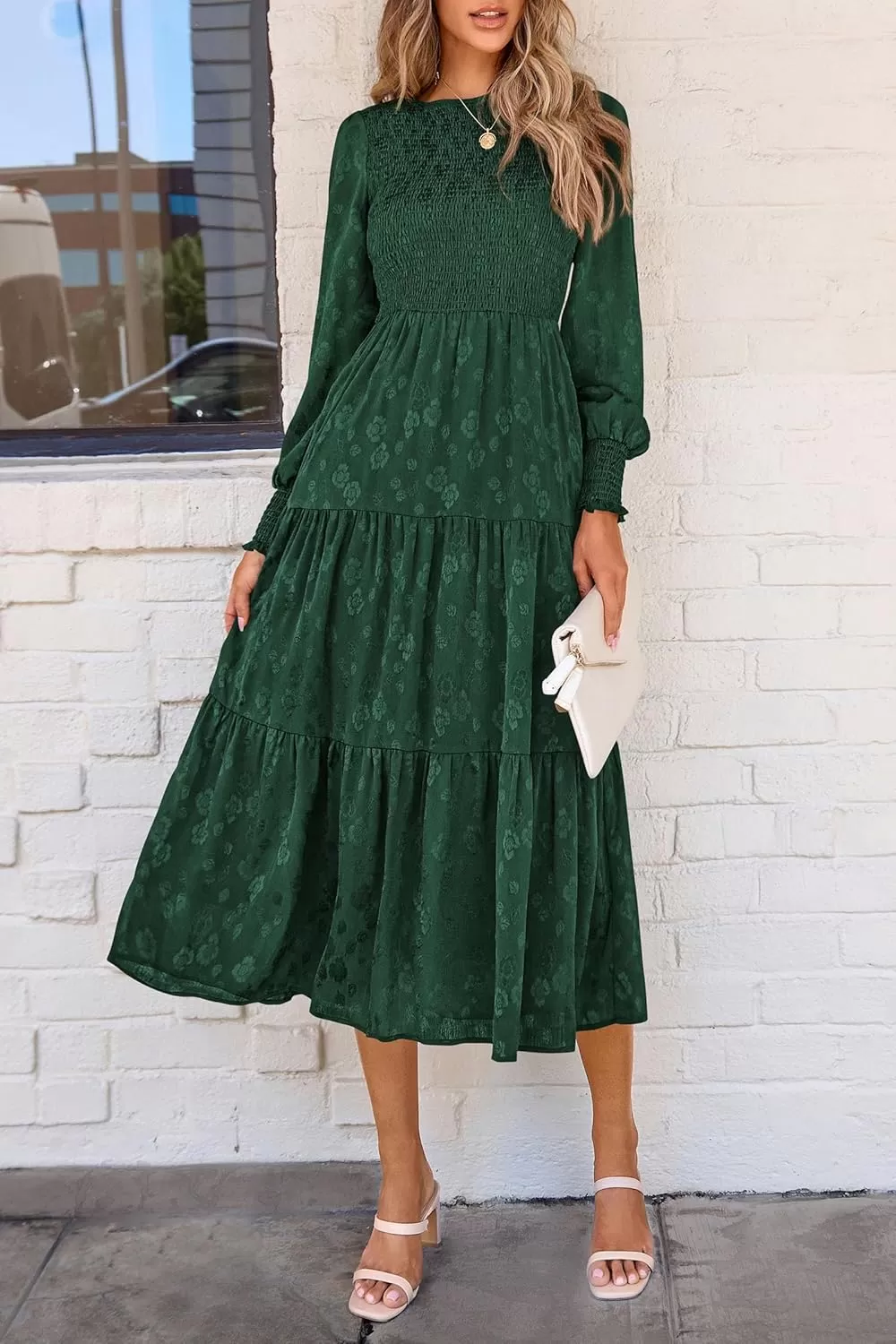 imagePRETTYGARDEN Womens Fall Midi Dress Long Sleeve Floral Smocked Elegant Wedding Guest Long Flowy DressesDark Green