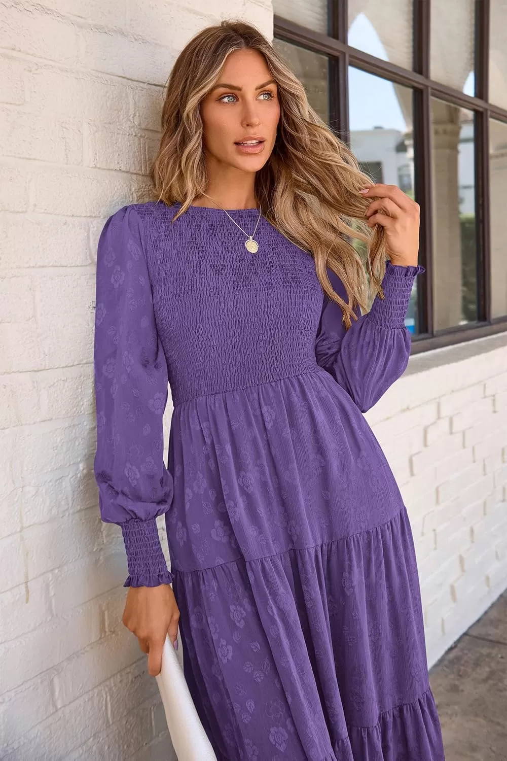 imagePRETTYGARDEN Womens Fall Midi Dress Long Sleeve Floral Smocked Elegant Wedding Guest Long Flowy DressesDark Purple