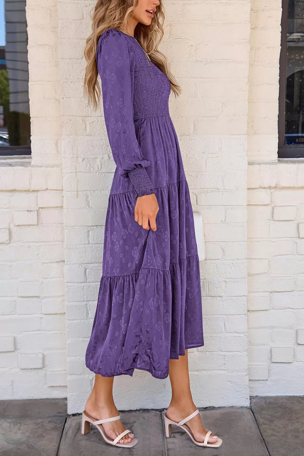 imagePRETTYGARDEN Womens Fall Midi Dress Long Sleeve Floral Smocked Elegant Wedding Guest Long Flowy DressesDark Purple