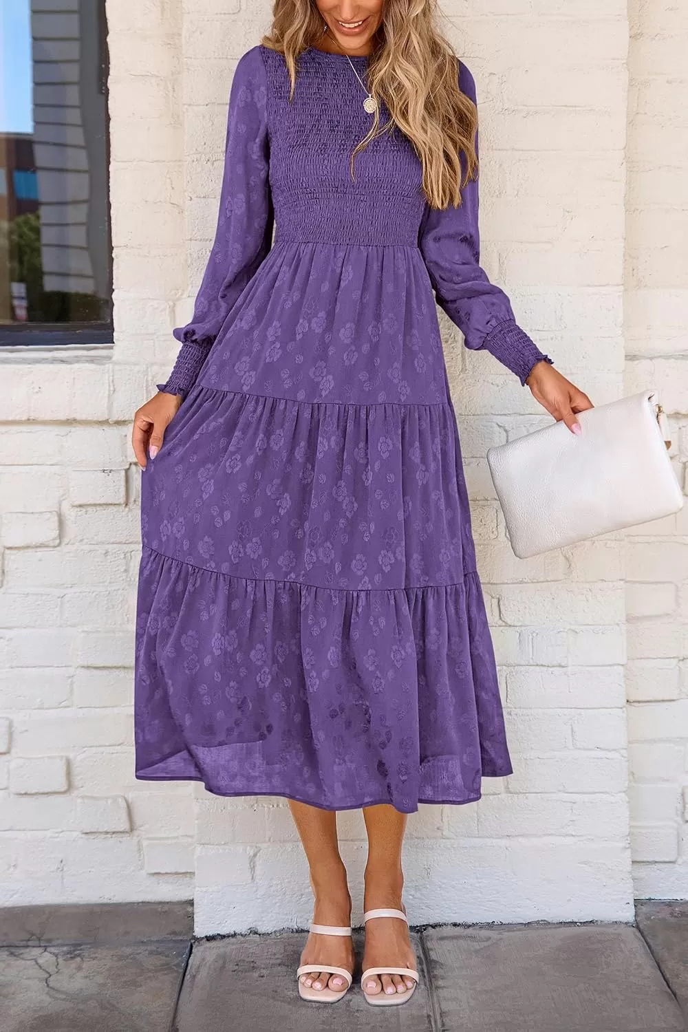 imagePRETTYGARDEN Womens Fall Midi Dress Long Sleeve Floral Smocked Elegant Wedding Guest Long Flowy DressesDark Purple