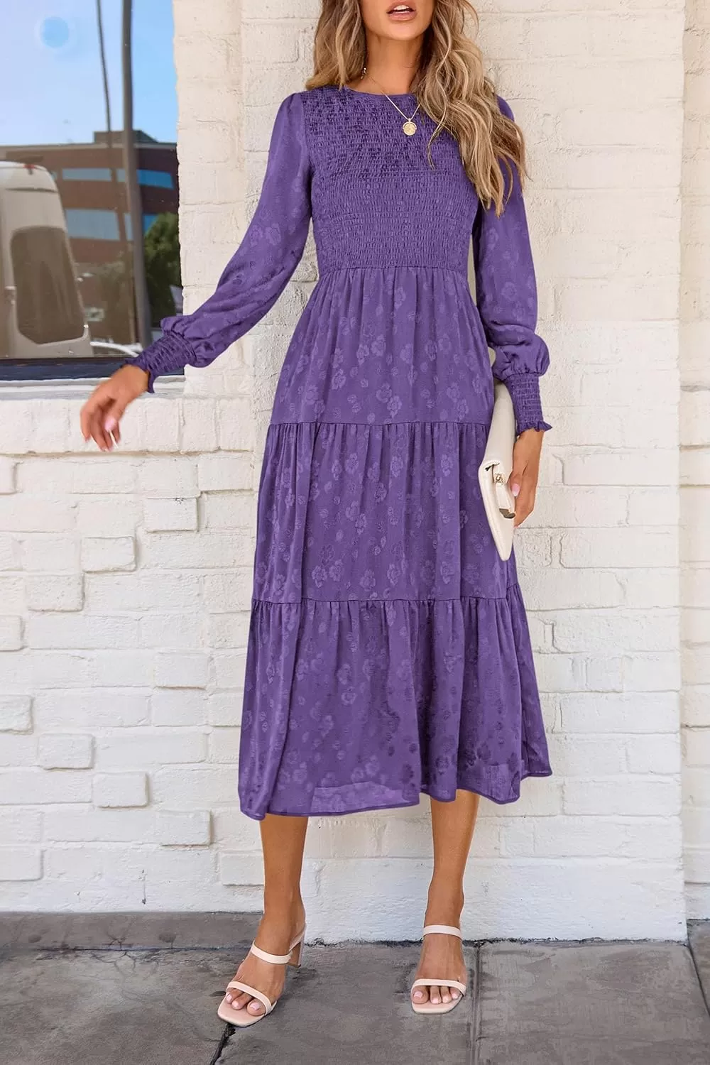 imagePRETTYGARDEN Womens Fall Midi Dress Long Sleeve Floral Smocked Elegant Wedding Guest Long Flowy DressesDark Purple