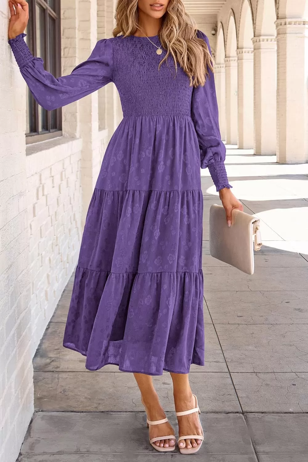 imagePRETTYGARDEN Womens Fall Midi Dress Long Sleeve Floral Smocked Elegant Wedding Guest Long Flowy DressesDark Purple