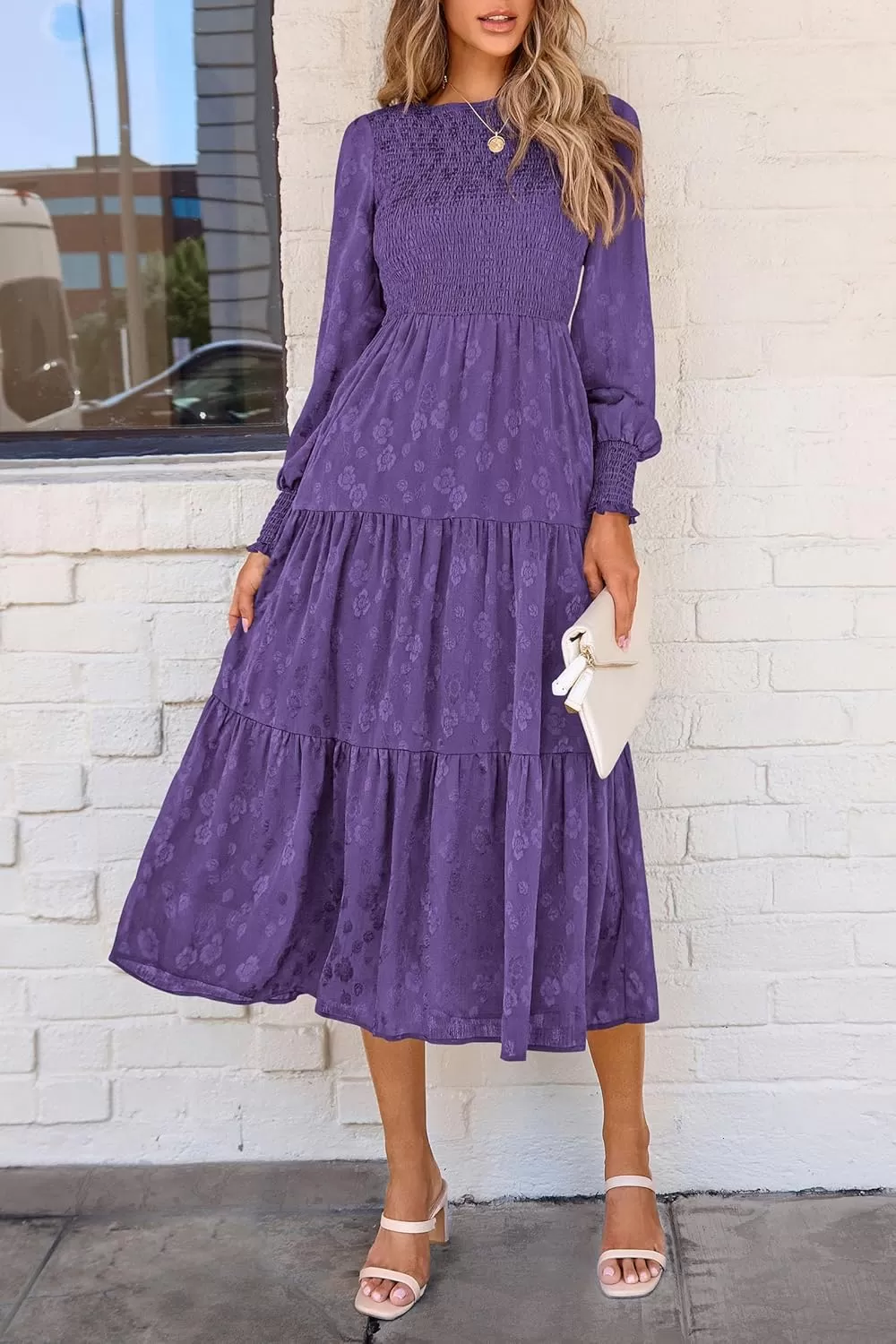 imagePRETTYGARDEN Womens Fall Midi Dress Long Sleeve Floral Smocked Elegant Wedding Guest Long Flowy DressesDark Purple