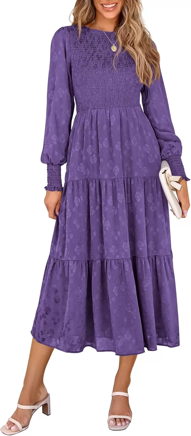imagePRETTYGARDEN Womens Fall Midi Dress Long Sleeve Floral Smocked Elegant Wedding Guest Long Flowy DressesDark Purple