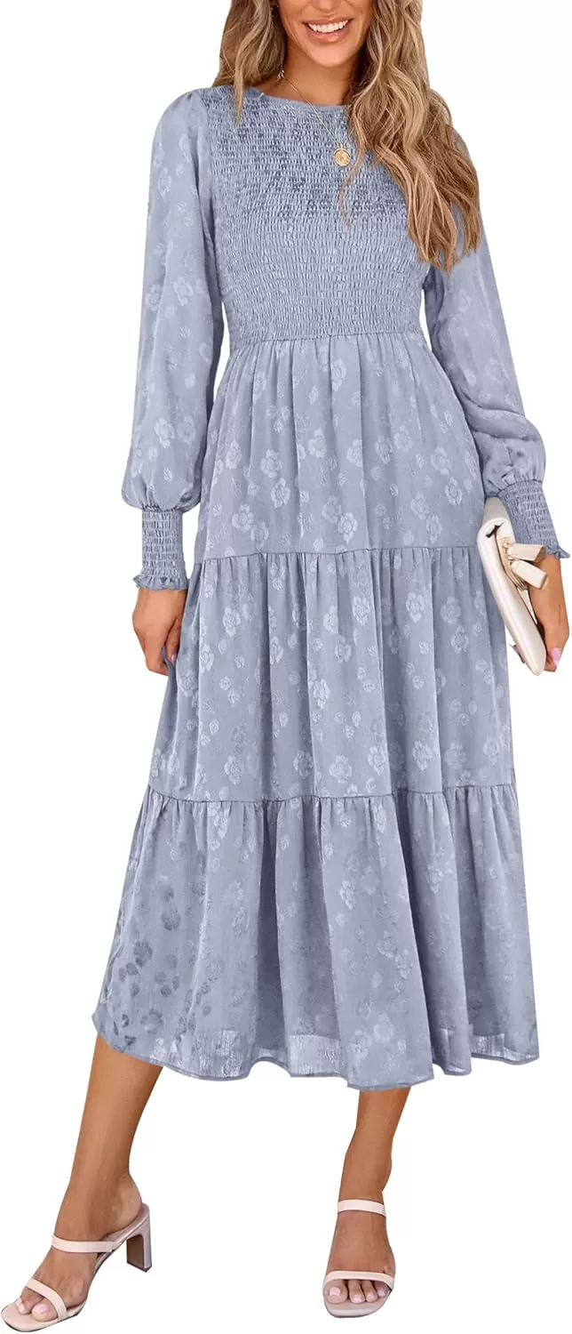 imagePRETTYGARDEN Womens Fall Midi Dress Long Sleeve Floral Smocked Elegant Wedding Guest Long Flowy DressesGrey Blue