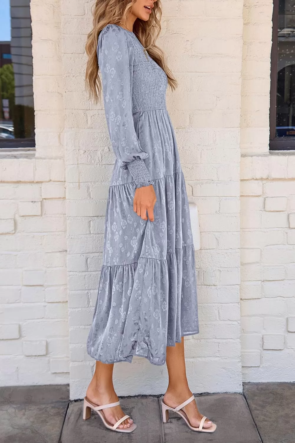 imagePRETTYGARDEN Womens Fall Midi Dress Long Sleeve Floral Smocked Elegant Wedding Guest Long Flowy DressesGrey Blue