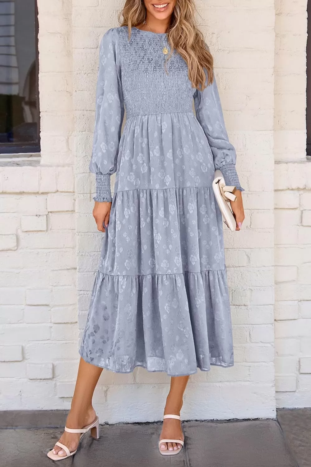imagePRETTYGARDEN Womens Fall Midi Dress Long Sleeve Floral Smocked Elegant Wedding Guest Long Flowy DressesGrey Blue