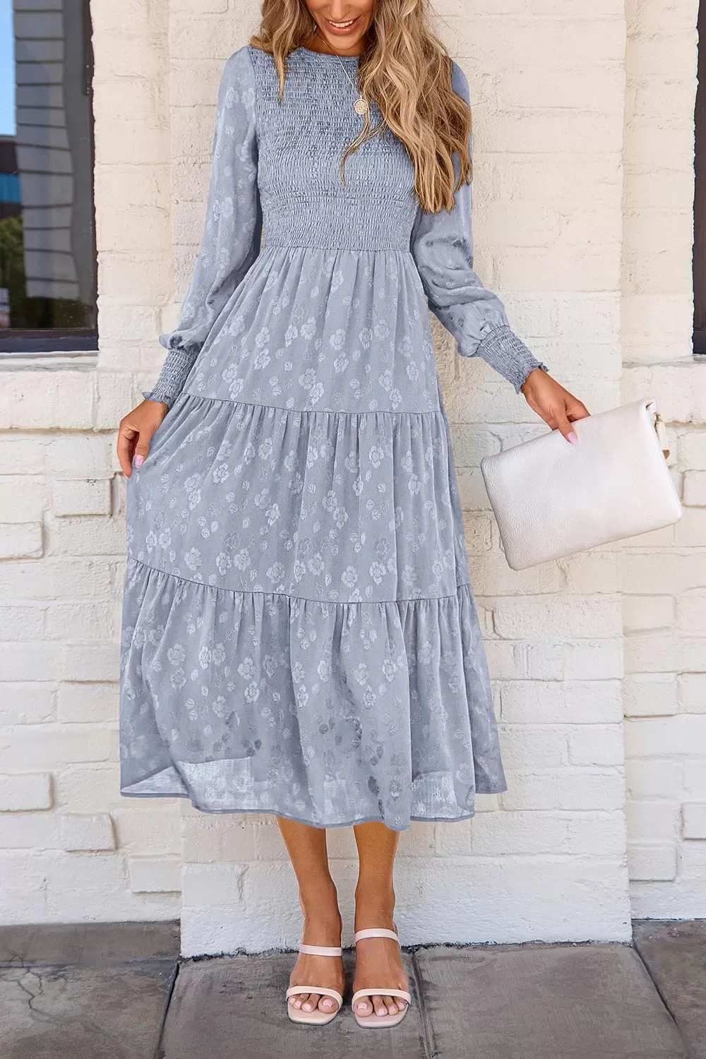 imagePRETTYGARDEN Womens Fall Midi Dress Long Sleeve Floral Smocked Elegant Wedding Guest Long Flowy DressesGrey Blue