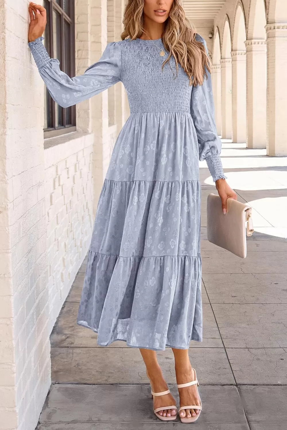imagePRETTYGARDEN Womens Fall Midi Dress Long Sleeve Floral Smocked Elegant Wedding Guest Long Flowy DressesGrey Blue