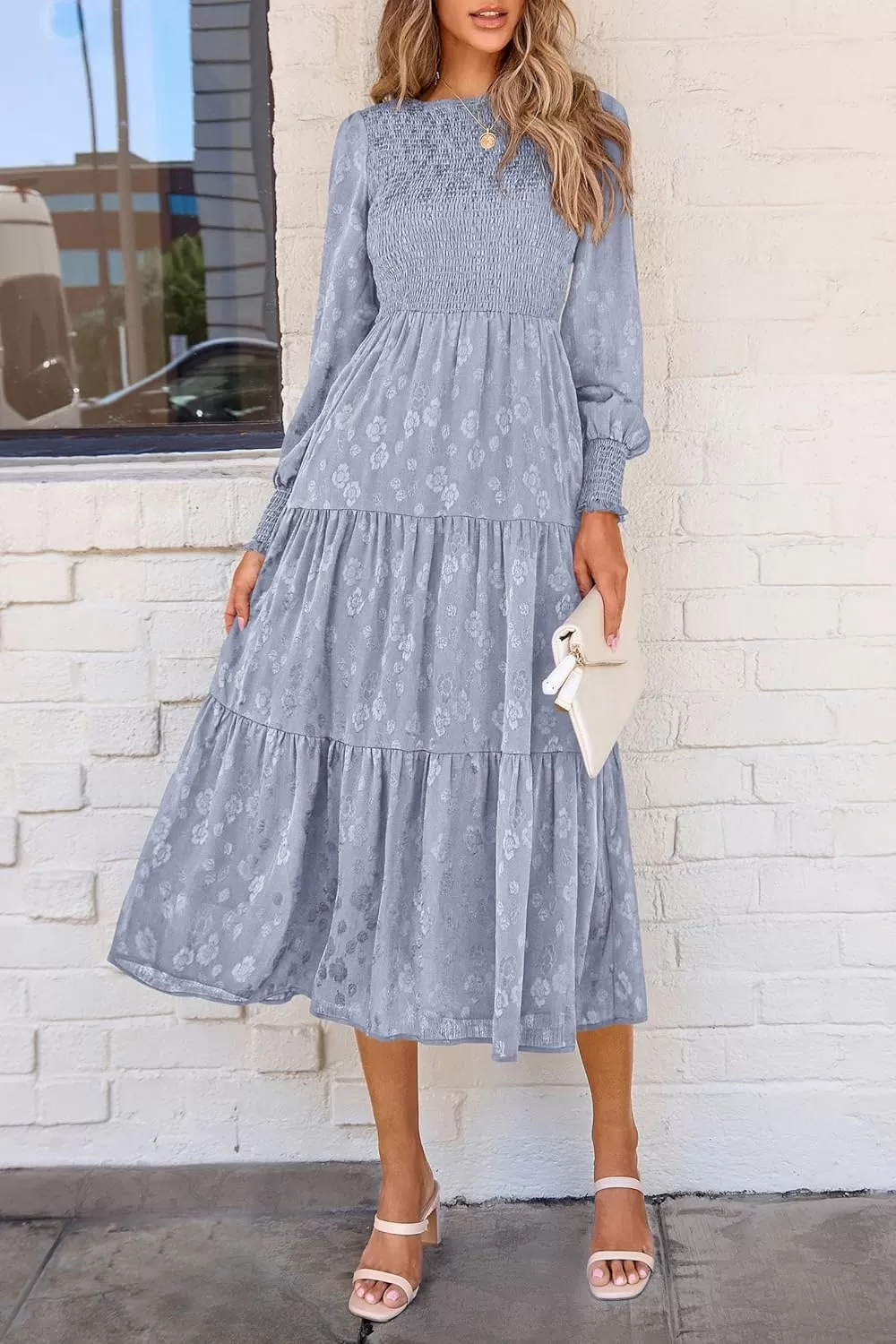 imagePRETTYGARDEN Womens Fall Midi Dress Long Sleeve Floral Smocked Elegant Wedding Guest Long Flowy DressesGrey Blue
