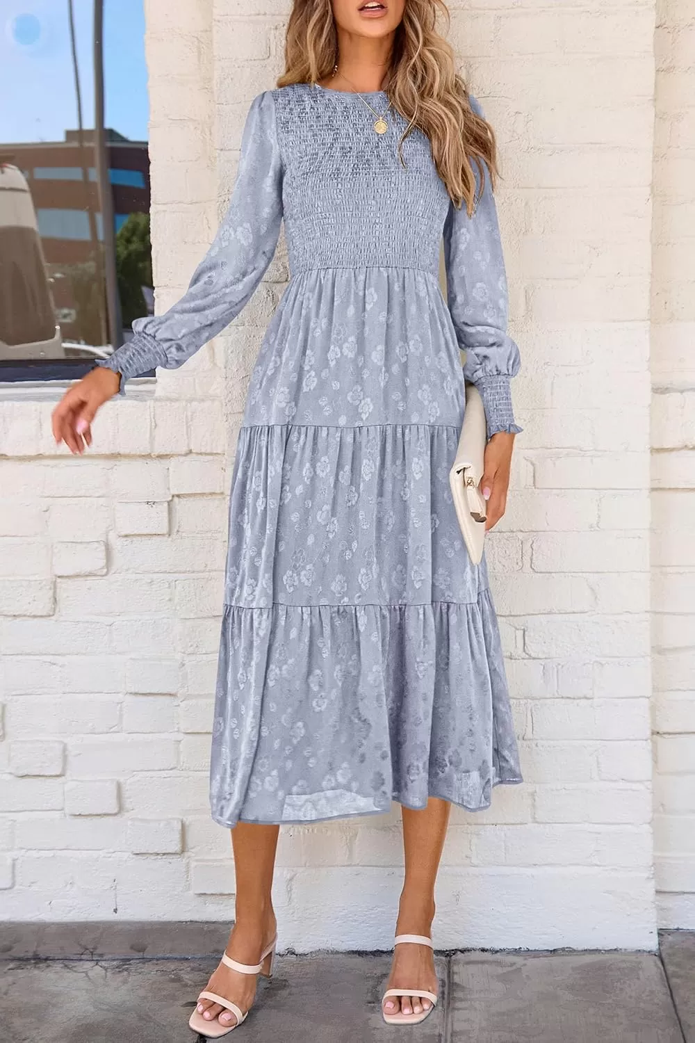 imagePRETTYGARDEN Womens Fall Midi Dress Long Sleeve Floral Smocked Elegant Wedding Guest Long Flowy DressesGrey Blue