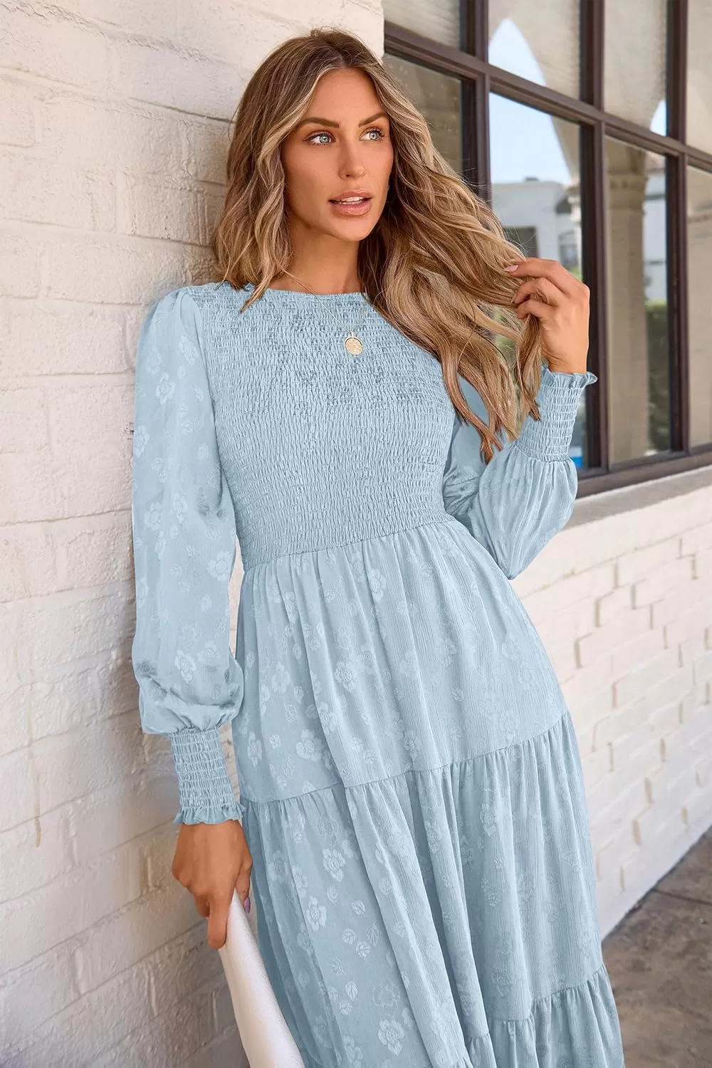 imagePRETTYGARDEN Womens Fall Midi Dress Long Sleeve Floral Smocked Elegant Wedding Guest Long Flowy DressesLight Blue