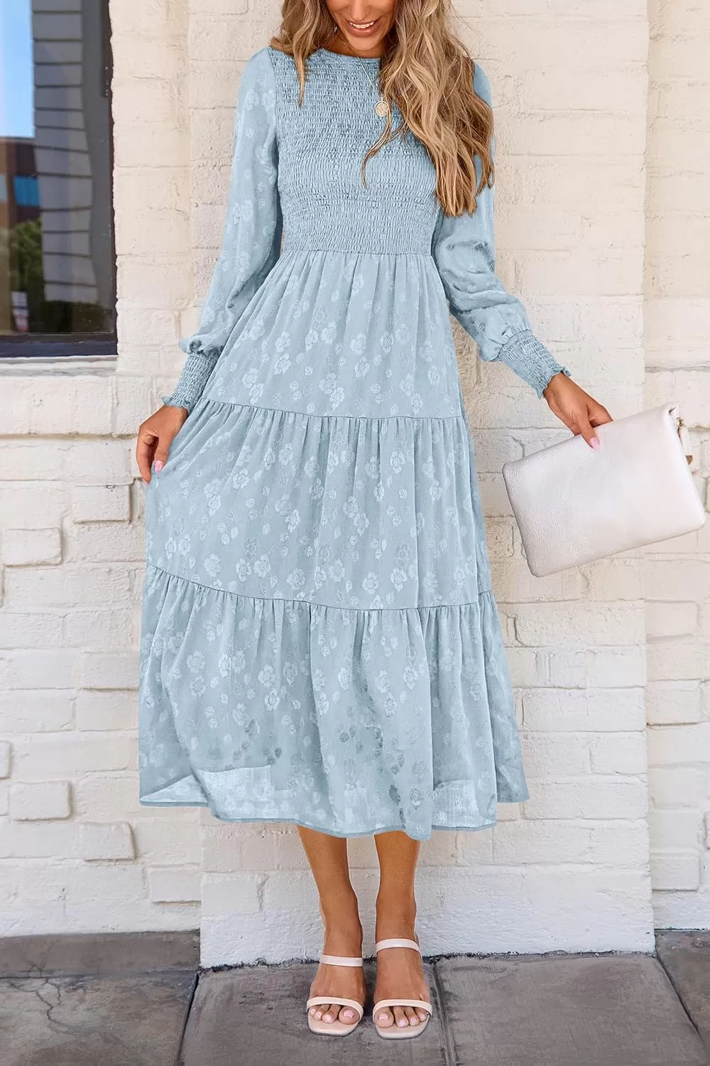 imagePRETTYGARDEN Womens Fall Midi Dress Long Sleeve Floral Smocked Elegant Wedding Guest Long Flowy DressesLight Blue