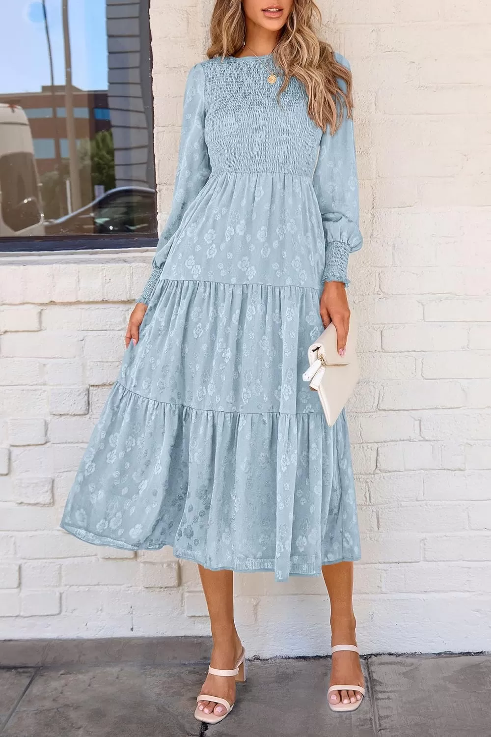 imagePRETTYGARDEN Womens Fall Midi Dress Long Sleeve Floral Smocked Elegant Wedding Guest Long Flowy DressesLight Blue
