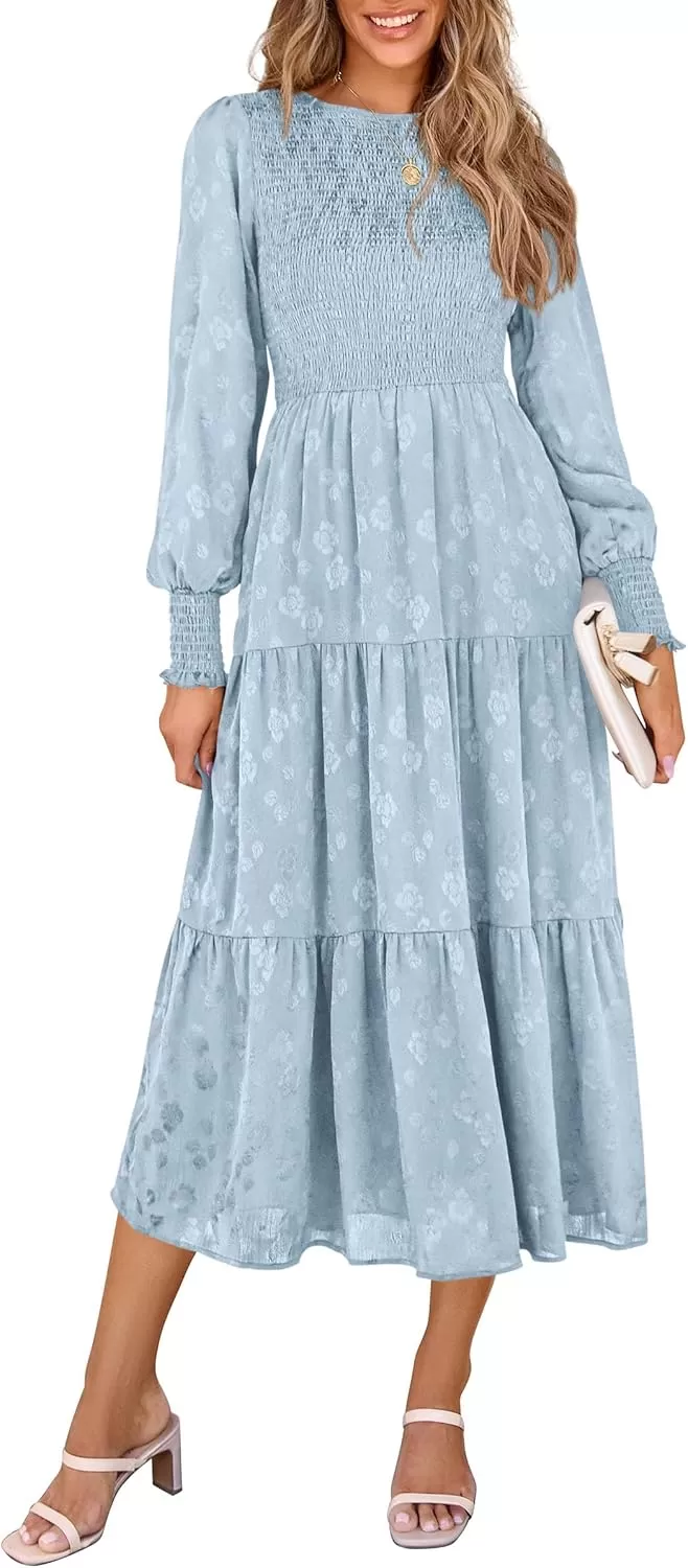 imagePRETTYGARDEN Womens Fall Midi Dress Long Sleeve Floral Smocked Elegant Wedding Guest Long Flowy DressesLight Blue