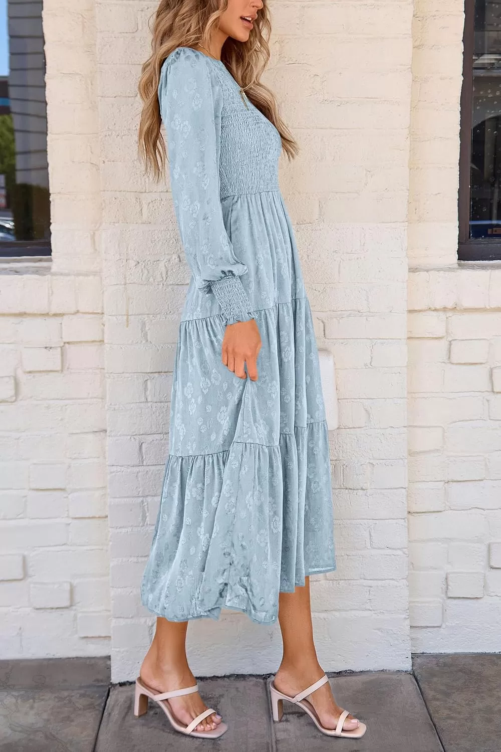 imagePRETTYGARDEN Womens Fall Midi Dress Long Sleeve Floral Smocked Elegant Wedding Guest Long Flowy DressesLight Blue