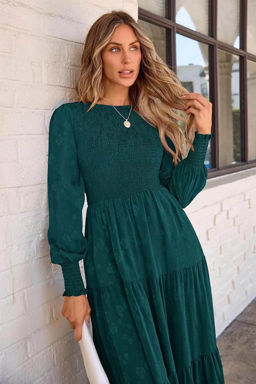 imagePRETTYGARDEN Womens Fall Midi Dress Long Sleeve Floral Smocked Elegant Wedding Guest Long Flowy DressesMalachite Green