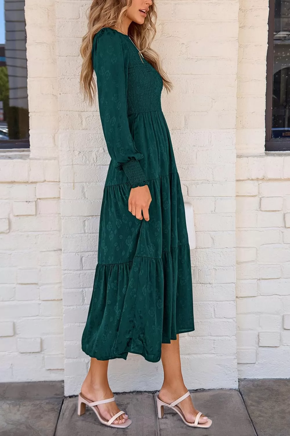 imagePRETTYGARDEN Womens Fall Midi Dress Long Sleeve Floral Smocked Elegant Wedding Guest Long Flowy DressesMalachite Green