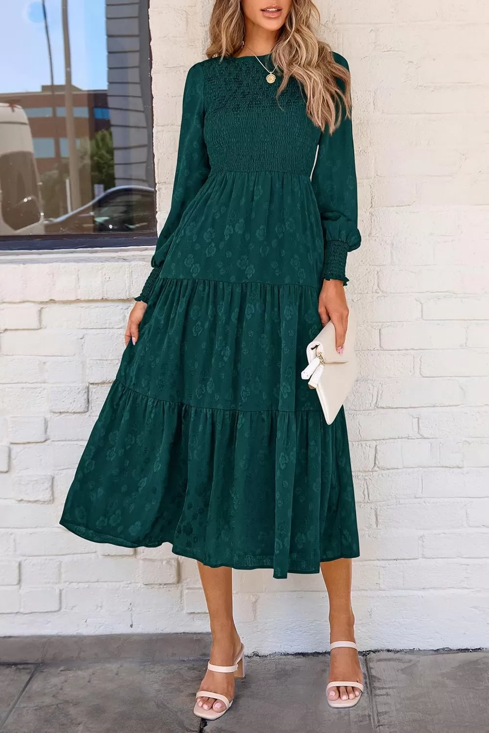 imagePRETTYGARDEN Womens Fall Midi Dress Long Sleeve Floral Smocked Elegant Wedding Guest Long Flowy DressesMalachite Green