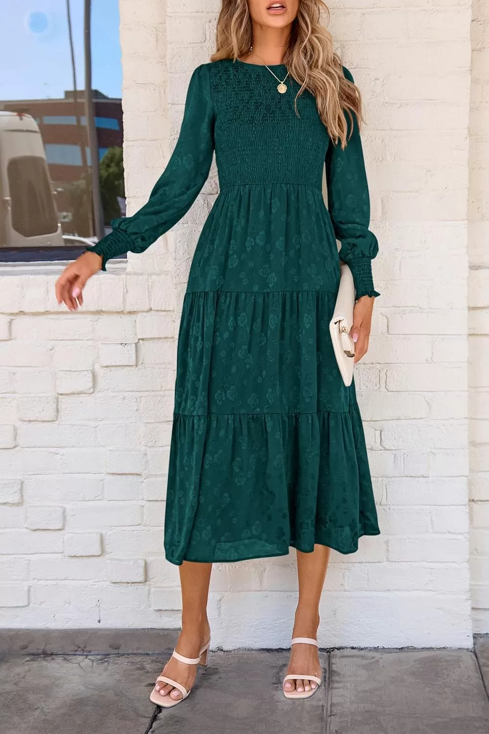 imagePRETTYGARDEN Womens Fall Midi Dress Long Sleeve Floral Smocked Elegant Wedding Guest Long Flowy DressesMalachite Green