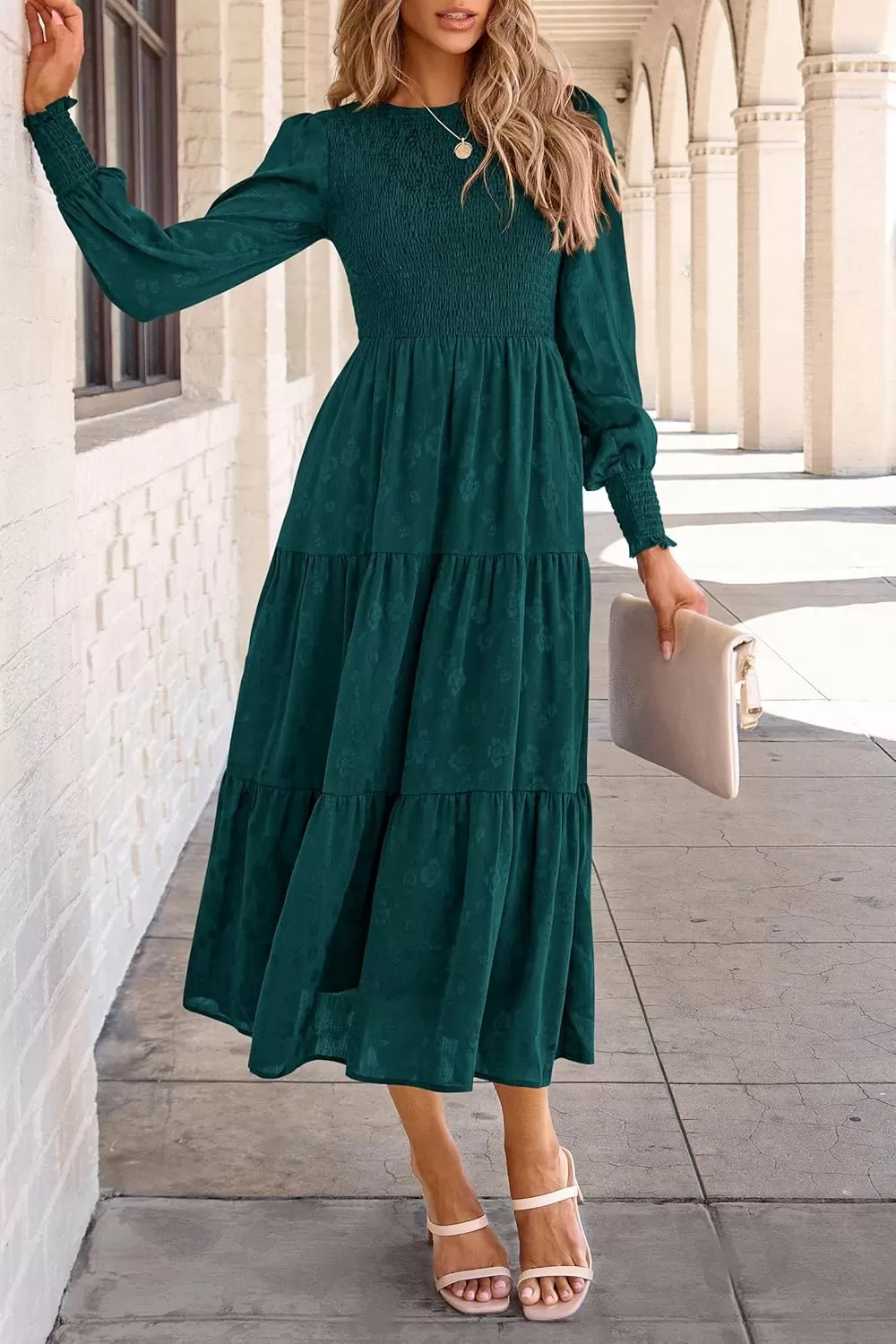 imagePRETTYGARDEN Womens Fall Midi Dress Long Sleeve Floral Smocked Elegant Wedding Guest Long Flowy DressesMalachite Green