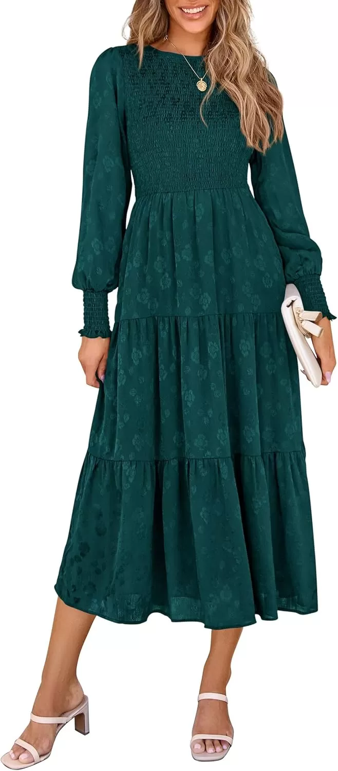 imagePRETTYGARDEN Womens Fall Midi Dress Long Sleeve Floral Smocked Elegant Wedding Guest Long Flowy DressesMalachite Green