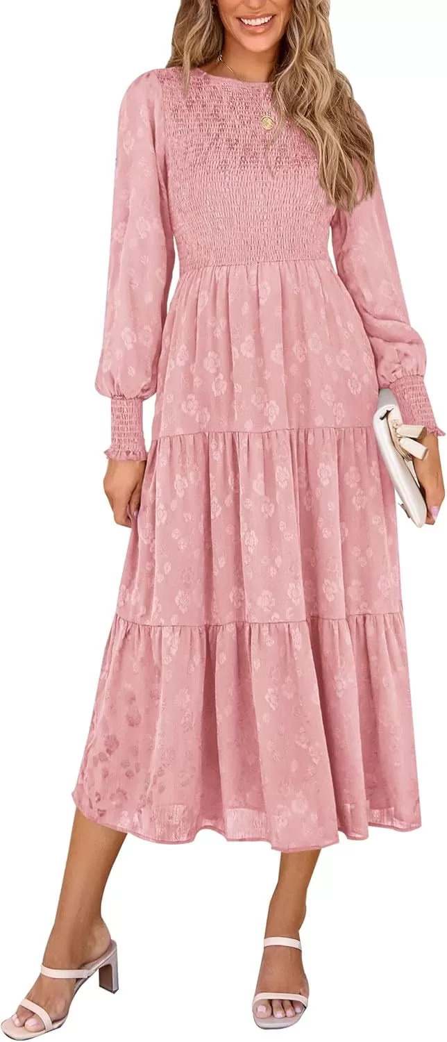 imagePRETTYGARDEN Womens Fall Midi Dress Long Sleeve Floral Smocked Elegant Wedding Guest Long Flowy DressesPink