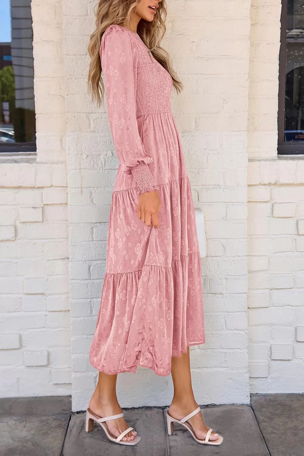 imagePRETTYGARDEN Womens Fall Midi Dress Long Sleeve Floral Smocked Elegant Wedding Guest Long Flowy DressesPink