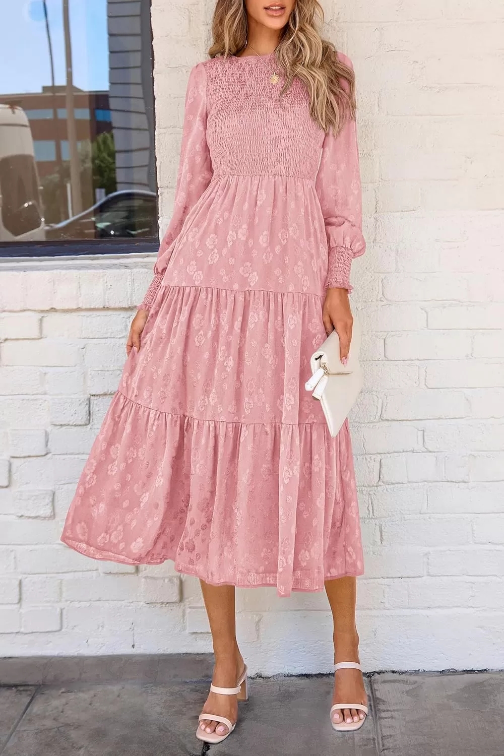imagePRETTYGARDEN Womens Fall Midi Dress Long Sleeve Floral Smocked Elegant Wedding Guest Long Flowy DressesPink