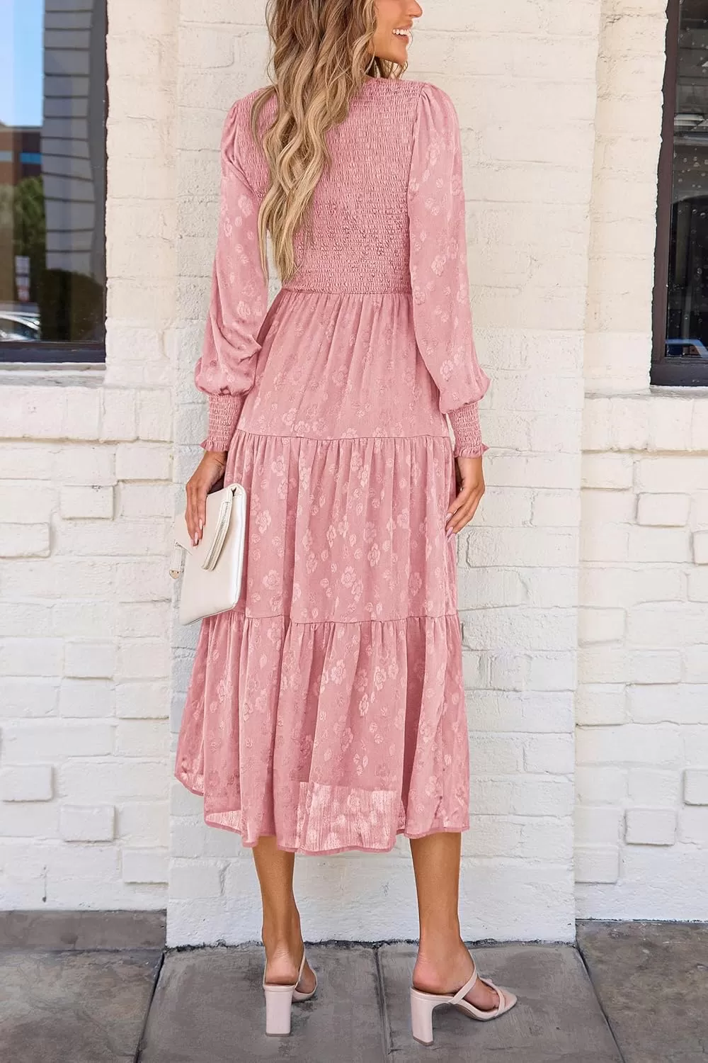 imagePRETTYGARDEN Womens Fall Midi Dress Long Sleeve Floral Smocked Elegant Wedding Guest Long Flowy DressesPink