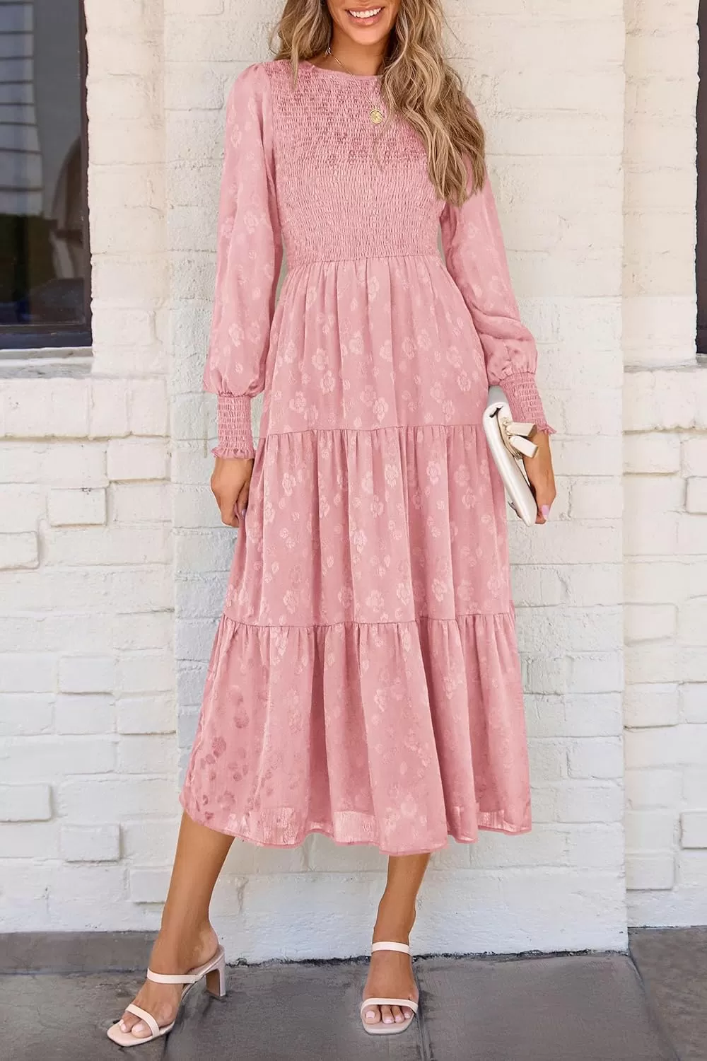 imagePRETTYGARDEN Womens Fall Midi Dress Long Sleeve Floral Smocked Elegant Wedding Guest Long Flowy DressesPink