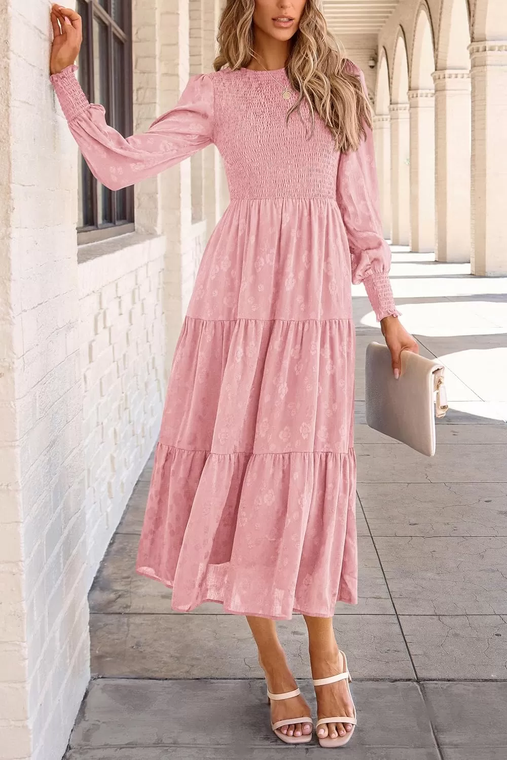 imagePRETTYGARDEN Womens Fall Midi Dress Long Sleeve Floral Smocked Elegant Wedding Guest Long Flowy DressesPink
