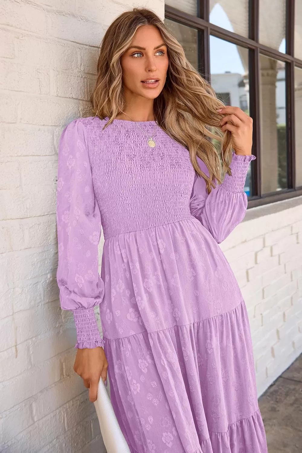 imagePRETTYGARDEN Womens Fall Midi Dress Long Sleeve Floral Smocked Elegant Wedding Guest Long Flowy DressesPurple