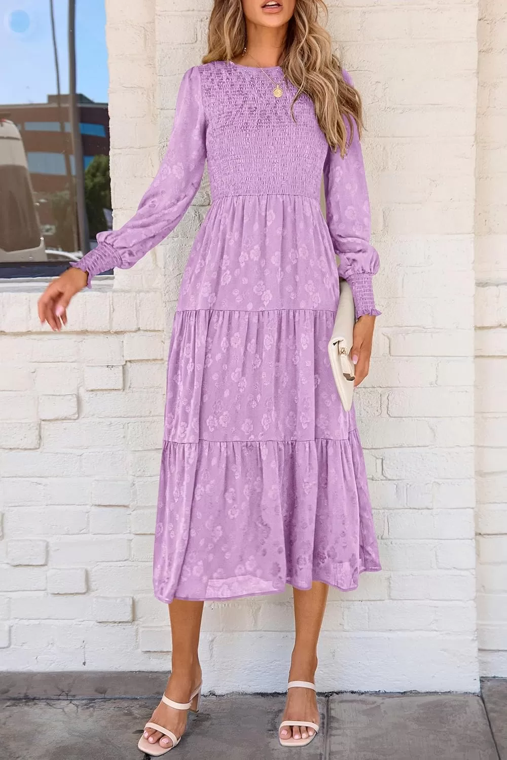 imagePRETTYGARDEN Womens Fall Midi Dress Long Sleeve Floral Smocked Elegant Wedding Guest Long Flowy DressesPurple