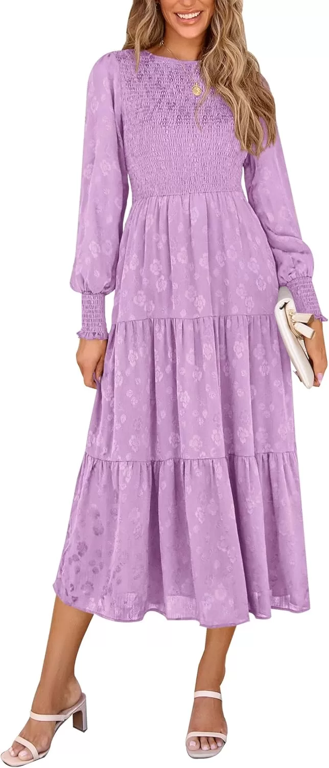 imagePRETTYGARDEN Womens Fall Midi Dress Long Sleeve Floral Smocked Elegant Wedding Guest Long Flowy DressesPurple