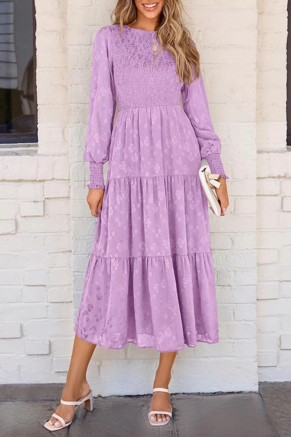 imagePRETTYGARDEN Womens Fall Midi Dress Long Sleeve Floral Smocked Elegant Wedding Guest Long Flowy DressesPurple