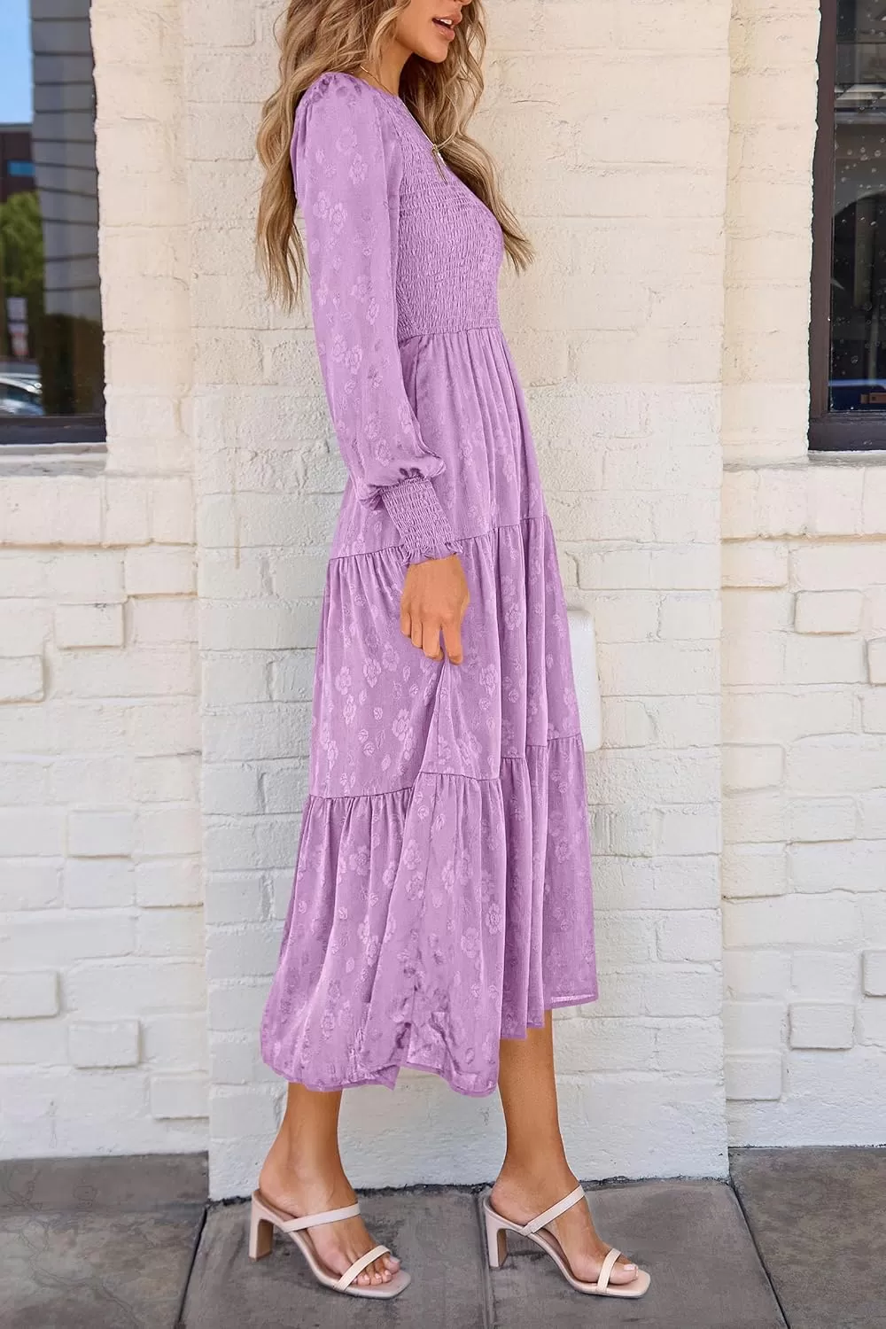 imagePRETTYGARDEN Womens Fall Midi Dress Long Sleeve Floral Smocked Elegant Wedding Guest Long Flowy DressesPurple