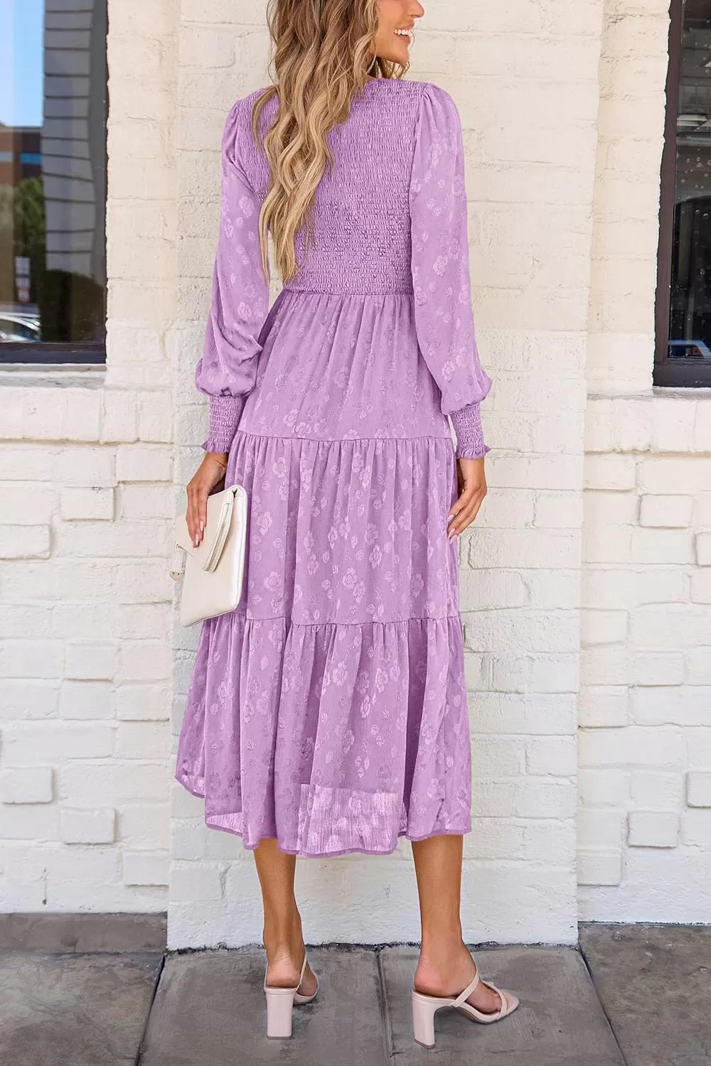 imagePRETTYGARDEN Womens Fall Midi Dress Long Sleeve Floral Smocked Elegant Wedding Guest Long Flowy DressesPurple