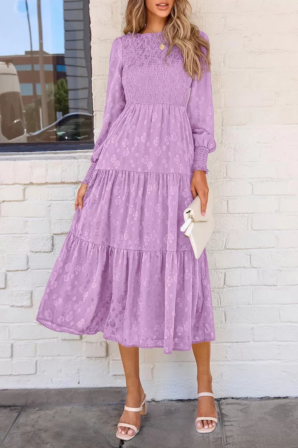 imagePRETTYGARDEN Womens Fall Midi Dress Long Sleeve Floral Smocked Elegant Wedding Guest Long Flowy DressesPurple