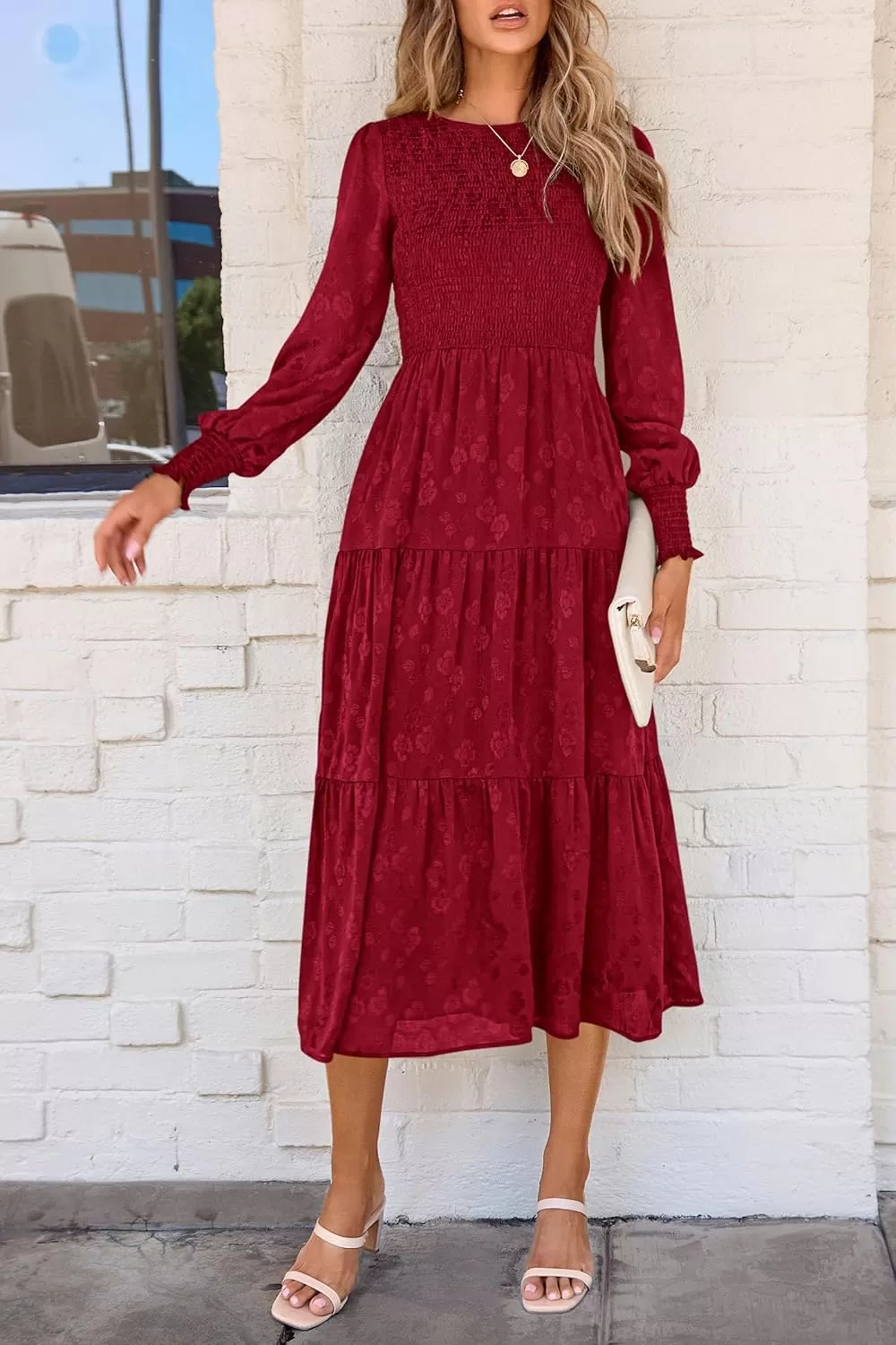 imagePRETTYGARDEN Womens Fall Midi Dress Long Sleeve Floral Smocked Elegant Wedding Guest Long Flowy DressesRed