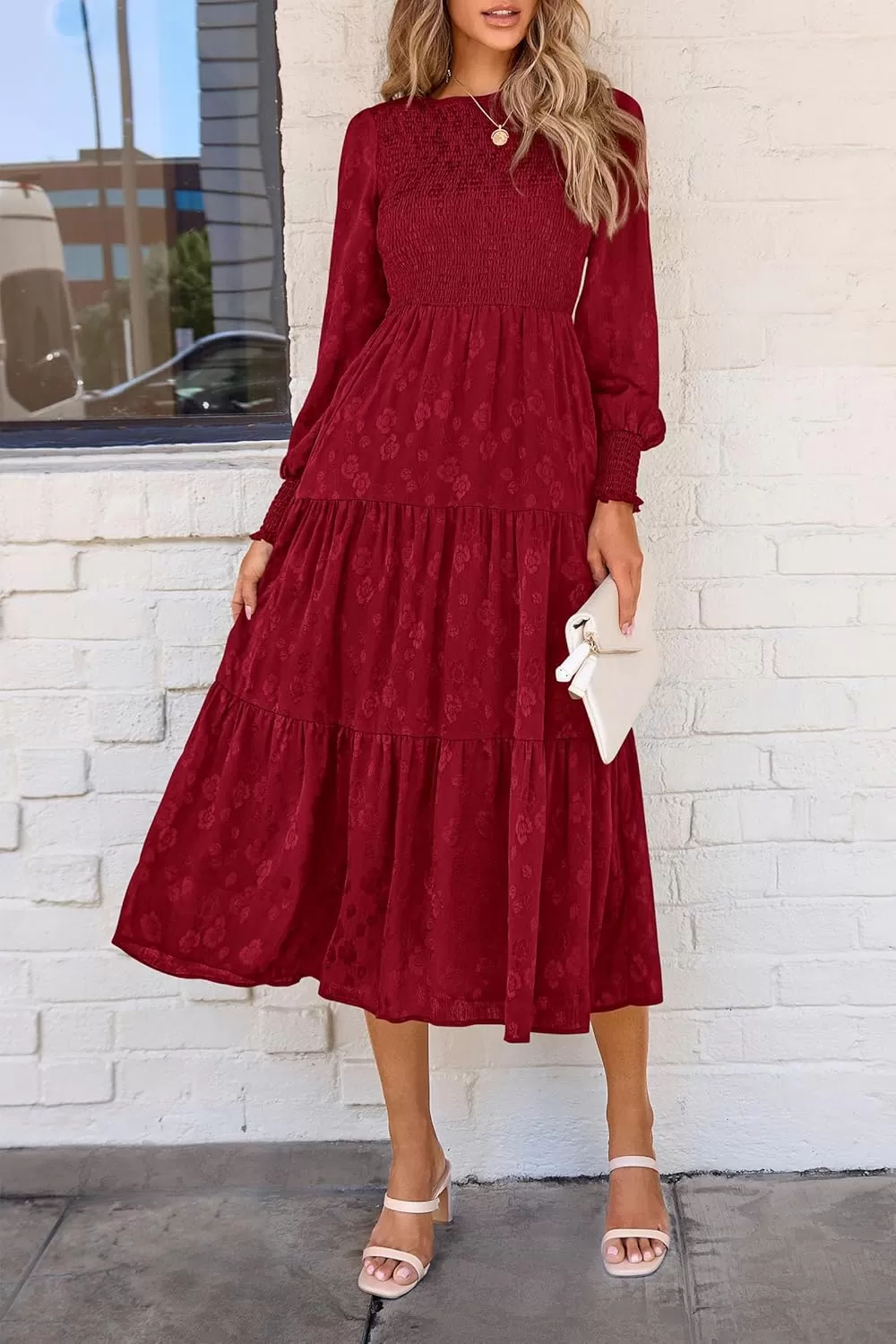 imagePRETTYGARDEN Womens Fall Midi Dress Long Sleeve Floral Smocked Elegant Wedding Guest Long Flowy DressesRed