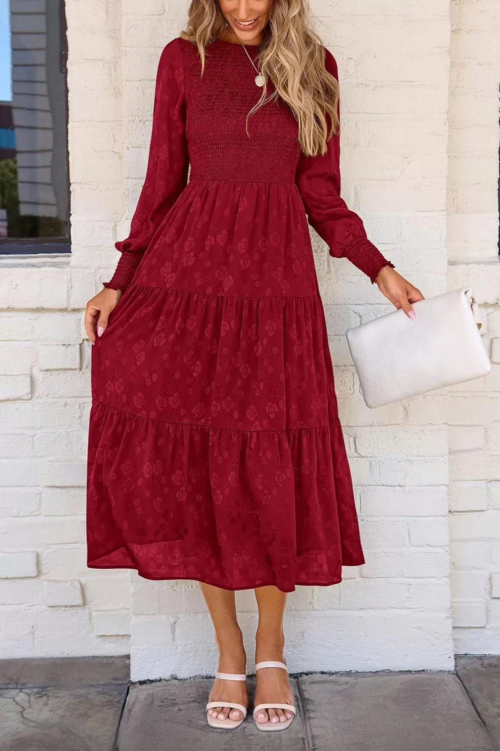 imagePRETTYGARDEN Womens Fall Midi Dress Long Sleeve Floral Smocked Elegant Wedding Guest Long Flowy DressesRed