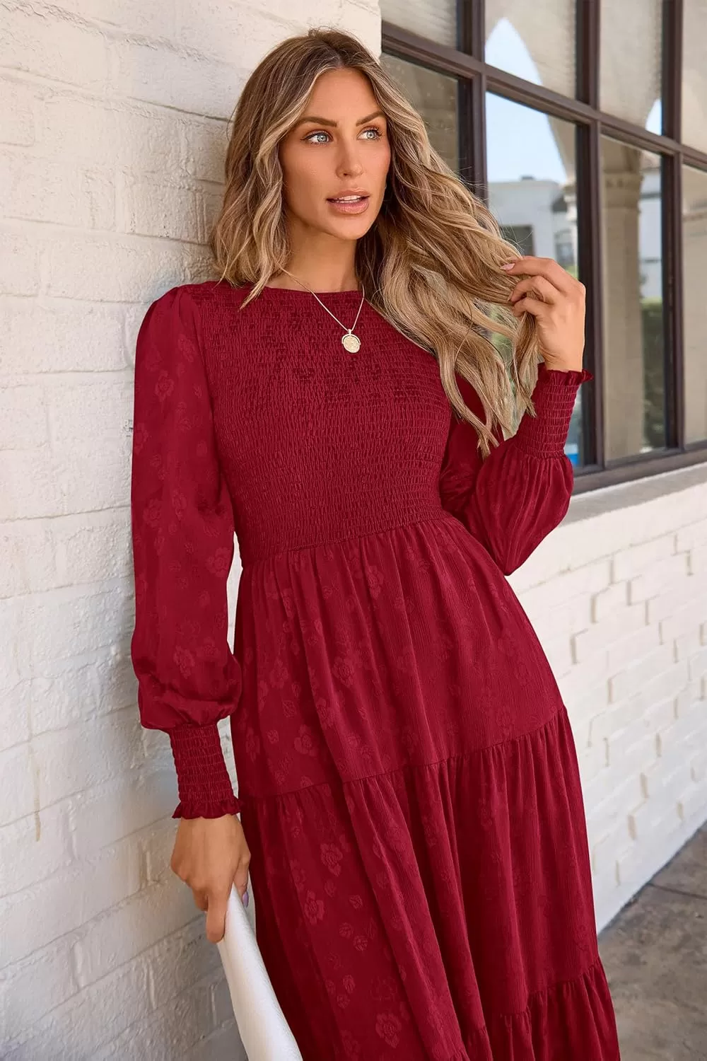 imagePRETTYGARDEN Womens Fall Midi Dress Long Sleeve Floral Smocked Elegant Wedding Guest Long Flowy DressesRed